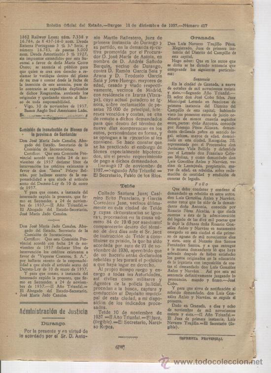 Collection Magazines and Newspapers: BOELTIN. GUERRA CIVIL. 1937.DURANGO. TELDE.GRANDA.EDICTOS Y REQUISITORIAS.INSTITUTO DE IBIZA.