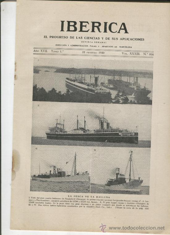 Coleccionismo de revistas y peri&oacute;dicos: IBERICA. 816. A&Ntilde;O 1930. LA PESCA BALLENERA. BALLENEROS. SANDEFJORD. NORUEGA. DE BALLENAS BALLENA