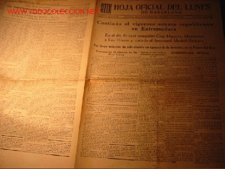 Collectionnisme de Revues et Journaux: DIARIO HOJA OFICIAL DEL LUNES A&Ntilde;O 1938 - avance republicano en Extremadura