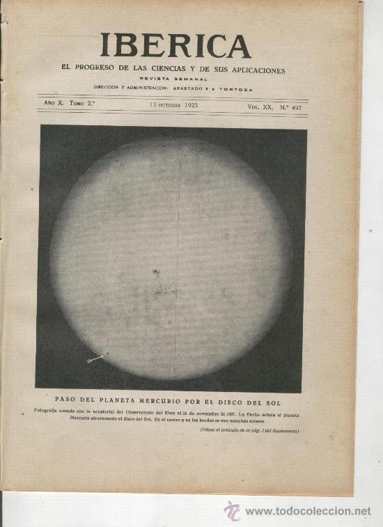 Coleccionismo de Revistas y Peri&oacute;dicos: IBERICA 497 A&Ntilde;O 1923 PLANETA MERCURIO RICARDO CODORNIU TELEFONIA AUTOMATICA ERIJUELA CUELLAR