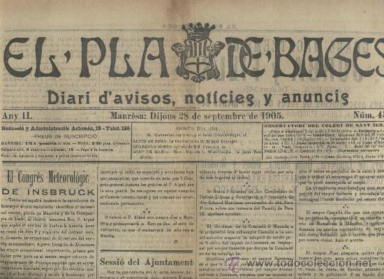 Coleccionismo de Revistas y Peri&oacute;dicos: DIARI EL PLA DE BAGES 1905 CONGRES METEOROLOGIC SALLENT SANTPEDOR SAMPEDOR CASTELLGALI TUPINAMBA