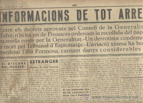 Collection Magazines and Newspapers: PERIODICO SINDICATOS MANRESA GUERRA CIVIL  A&Ntilde;O 1938 MONEDA DE LA GENERALITAT CASTRALVO VILLAESPESA