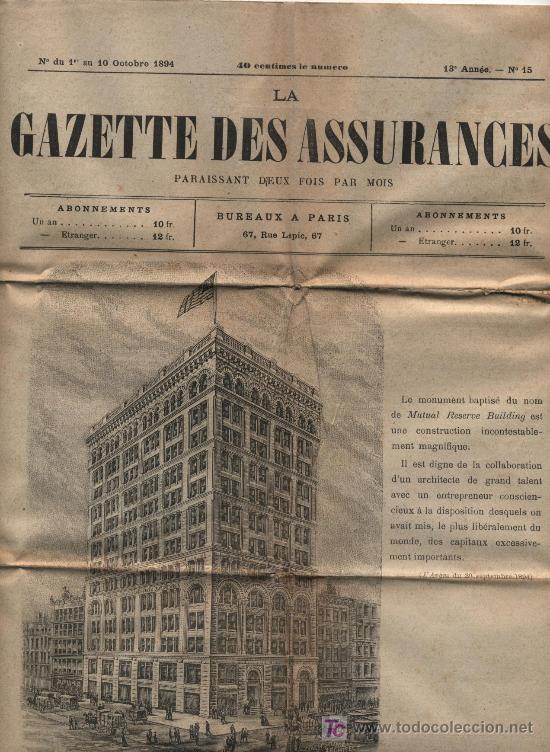 Collection Magazines and Newspapers: La Gazette des Assurances. n&ordm; 15 del 10 octubre de 1894. Par&iacute;s