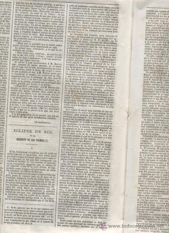 Coleccionismo de revistas y peri&oacute;dicos: CANARIAS. A&Ntilde;O 1860. ECLIPSE DE SOL.ASTRONOMIA.DESIERTO DE LAS PALMAS.ALCOVER.ERMITA DE SAN MIGUEL.