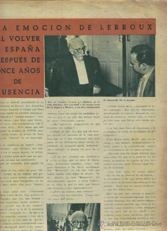 Coleccionismo de revistas y peri&oacute;dicos: REVISTA. A&Ntilde;OS 50? LERROUX VUELVE A ESPA&Ntilde;A. TOROS. MANOLETE.EL PRIMER AUTOLAVADO. COCHES.
