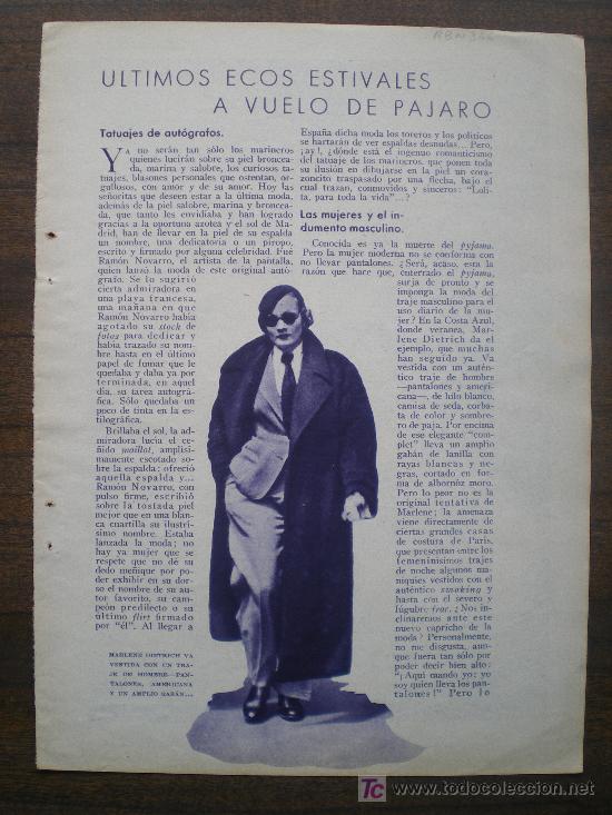 Coleccionismo de Revistas y Peri&oacute;dicos: RECORTE DE PRENSA 1933 - FOTOGRAFIA DE LA ACTRIZ MARLENE DIETRICH (CINE)