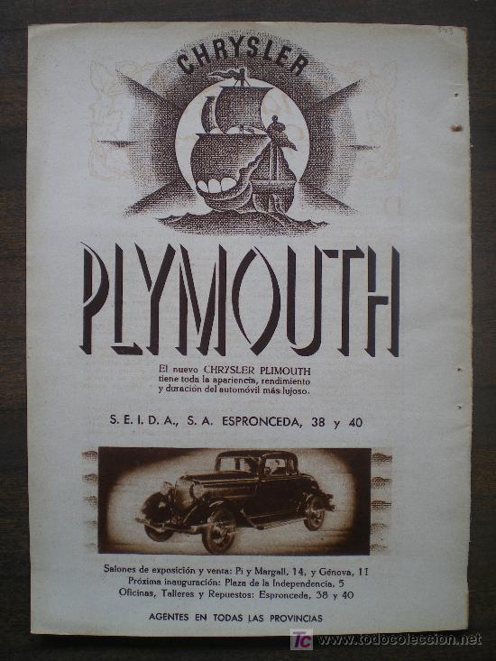 Coleccionismo de Revistas y Peri&oacute;dicos: RECORTE DE PRENSA 1933 - ANUNCIO PUBLICIDAD CHRYSLER PLYMOUTH (COCHE VEHICULO TURISMO)