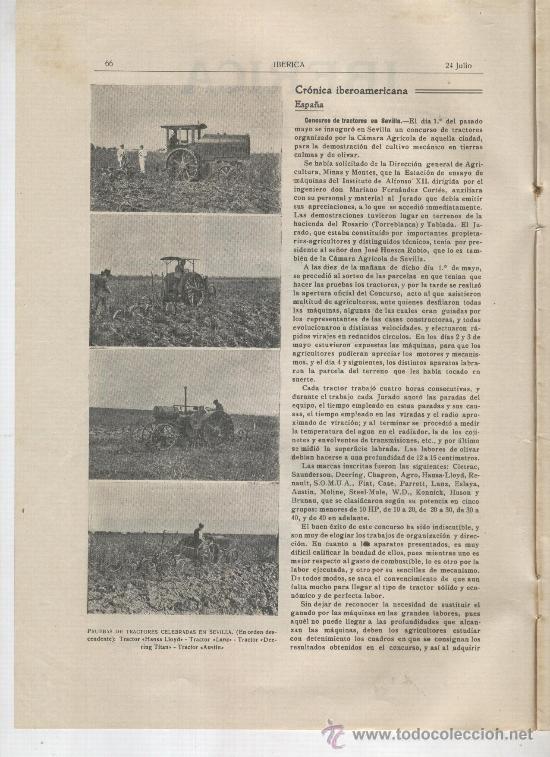 Coleccionismo de Revistas y Peri&oacute;dicos: IBERICA 1920 338 CONCURSO DE TRACTORES EN SEVILLA LANZ AUSTIN FIAT CONCURSO AEREO MONACO TRACTOR