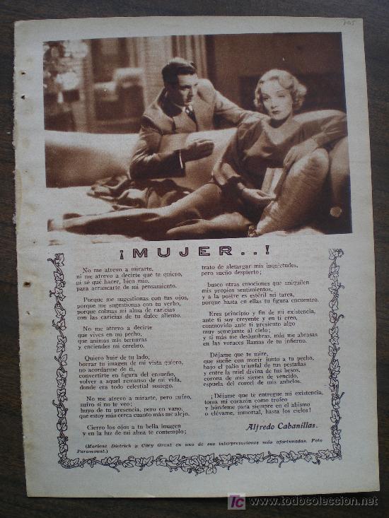 Coleccionismo de Revistas y Peri&oacute;dicos: RECORTE DE PRENSA 1933 - CINE. FOTO MARLENE DIETRICH Y CARY GRANT (AGUA DE AZAHAR LA GIRALDA)