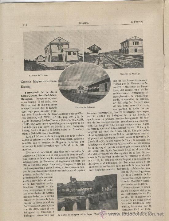 Collection Magazines and Newspapers: IBERICA.ANY 1924.516.FERROCARRIL DE BALAGUER A LLEIDA.ESTACIO DE TERMENS.ALCOLETGE.TREN  RIPOLL.PUIG