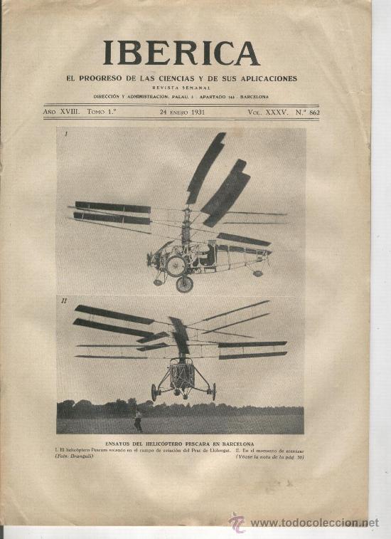 Sammeln von Zeitschriften und Zeitungen: REVISTA IBERICA 862 A&Ntilde;O 1931 ENSAYOS DEL HELICOPTERO PESCARA EN EL PRAT DE BARCELONA AVIACION