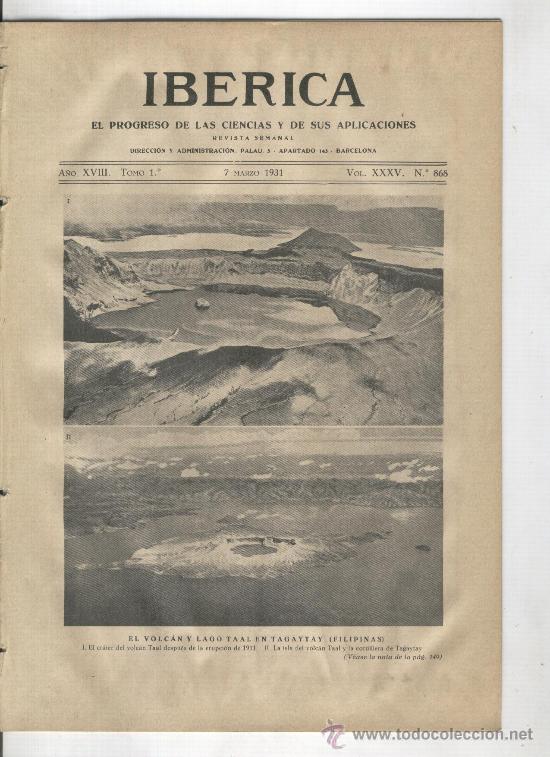 Collection Magazines and Newspapers: REVISTA IBERICA. 868. A&Ntilde;O 1931. EL VOLCAN LAGO TAAL EN TAGAYTAY . FILIPINAS. VULCANOLOGIA