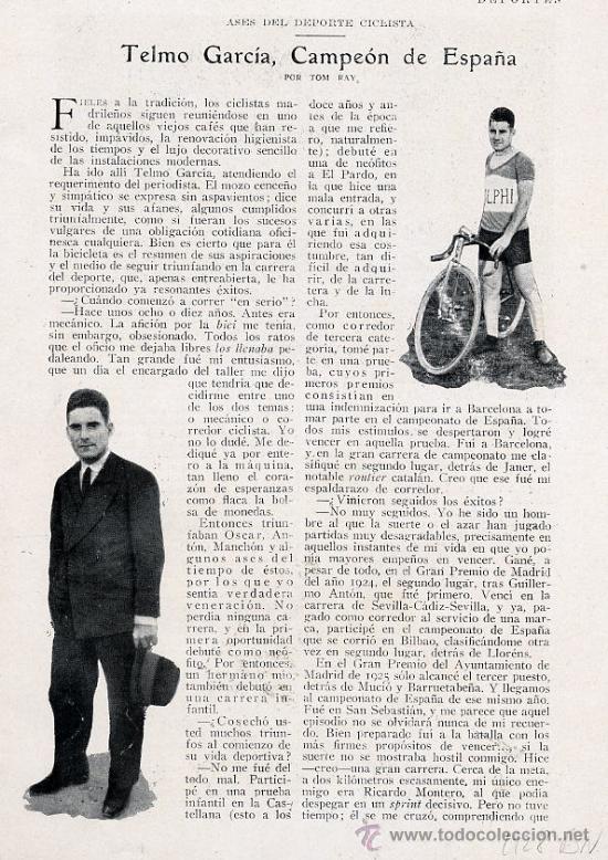 Coleccionismo de revistas y peri&oacute;dicos: CICLISMO 1928 TELMO GARCIA 2 HOJAS REVISTA