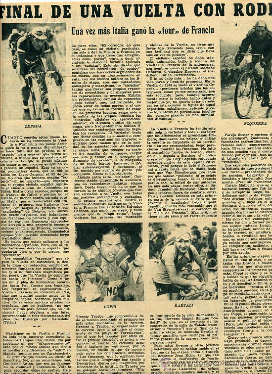 Coleccionismo de revistas y peri&oacute;dicos: CICLISMO 1949 CEPEDA EZQUERRA COPPI BARTALI HOJA REVISTA
