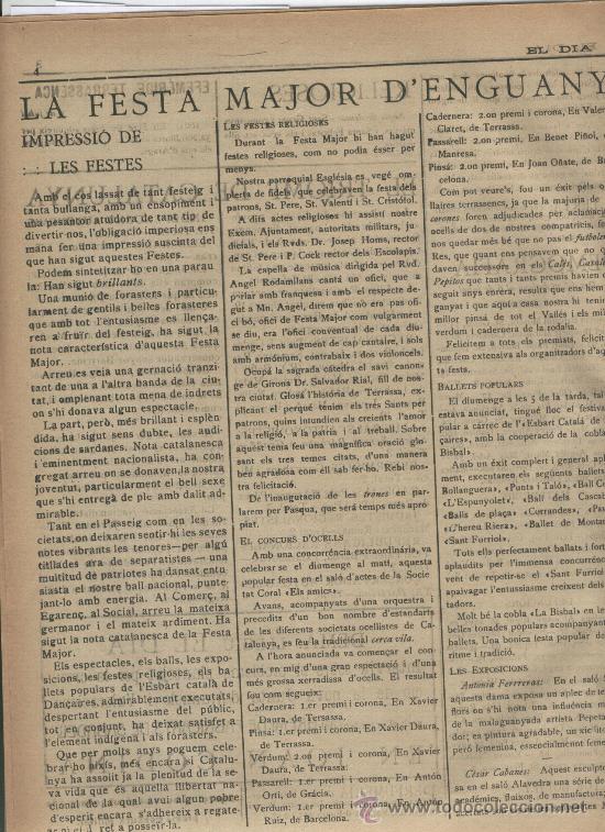 Coleccionismo de revistas y peri&oacute;dicos: DIARI EL DIA. 09-07-1919. FESTA MAJOR DE TERRASSA. TARRASA. BANC DE TERRASSA A OLESA. TARREGA.