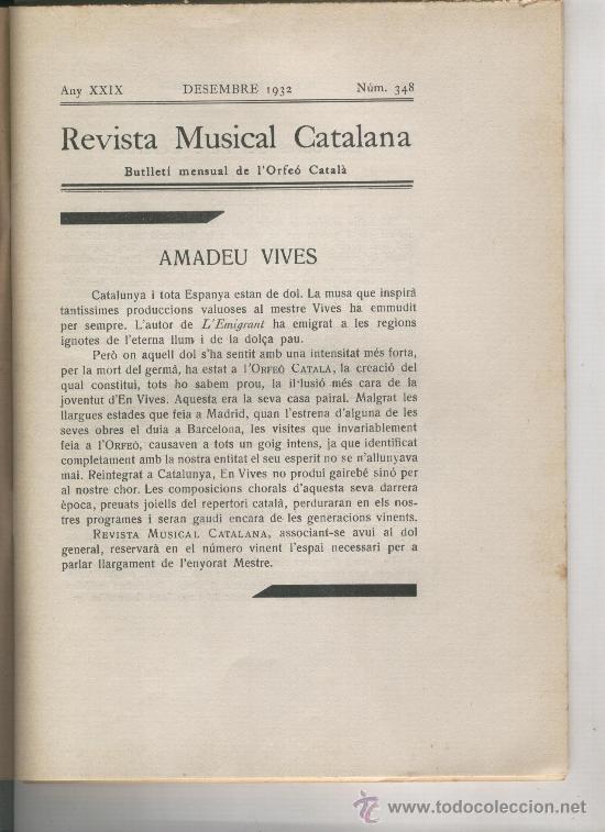 Coleccionismo de revistas y peri&oacute;dicos: REVSITA MUSICAL CATALANA A&Ntilde;O 1932 AMADEU VIVES GOETHE EUSEBI PATXOT LLAGUSTERA FRANCESC COSTA