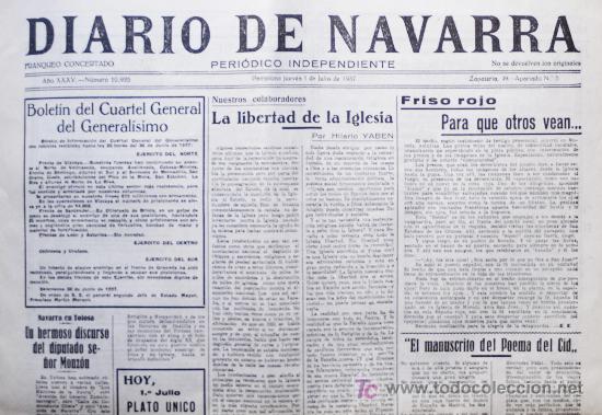 Coleccionismo de Revistas y Peri&oacute;dicos: DIARIO DE NAVARRA ORIGINAL PAMPLONA 1 JULIO 1937 * LA LIBERTAD DE LA IGLESIA CUARTEL GENERAL&Iacute;SIMO