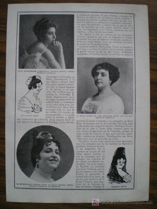 Coleccionismo de Revistas y Peri&oacute;dicos: RECORTE DE PRENSA 1916 - ACTRIZ MERCEDES PARDO (TEATRO LARA) Y TIPLE ROSARIO LEONIS (TEATRO APOLO)