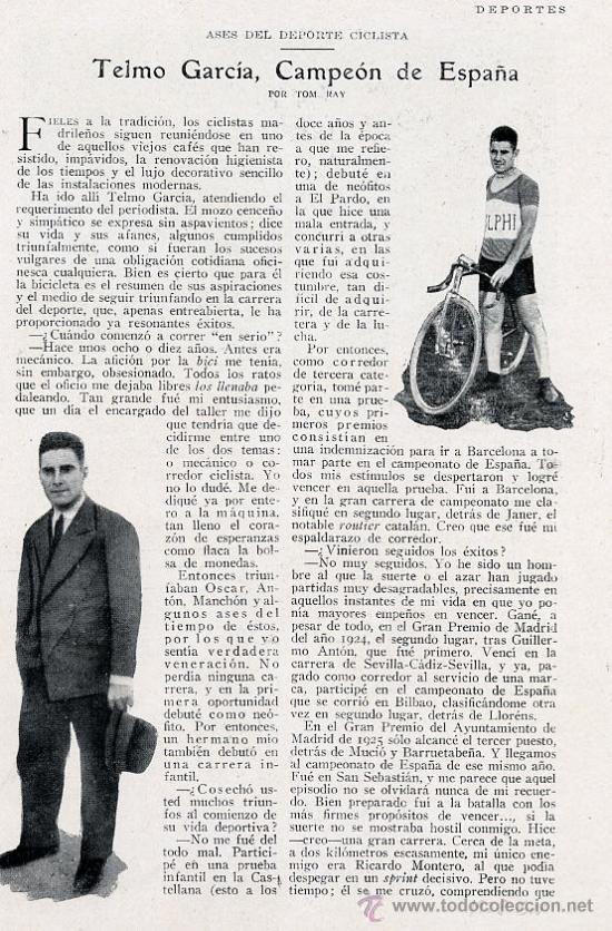 Coleccionismo de revistas y peri&oacute;dicos: CICLISMO 1928 TELMO GARCIA  CAMPEON ESPA&Ntilde;A HOJA REVISTA
