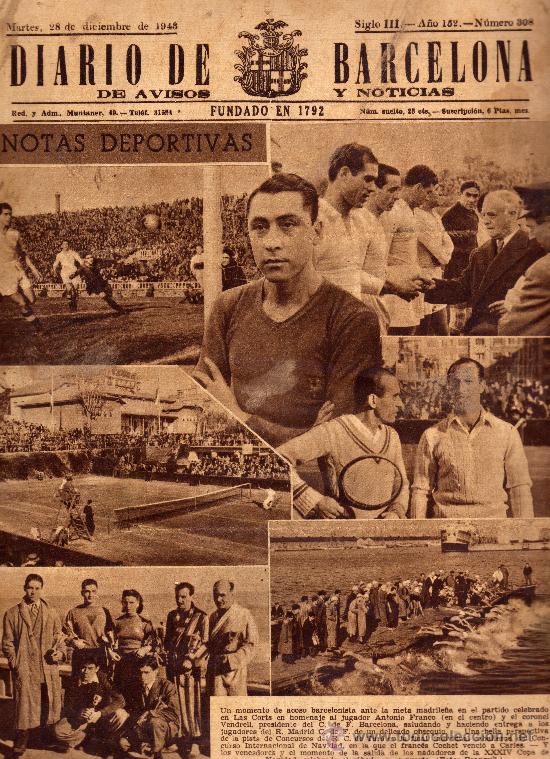 Collezionismo di Riviste e Giornali: DIARIO DE BARCELONA A&Ntilde;O 152,N&ordm; 308 DEL 28-12-1943.EL BARCELONA VENCE AL MADRID POR 4 GOLES A CERO.