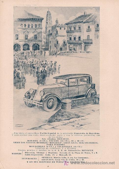 Coleccionismo de Revistas y Peri&oacute;dicos: * PUEBLO ESPA&Ntilde;OL BARCELONA * EXPOSICI&Oacute;N * Publicidad autom&oacute;viles Renault - 1929