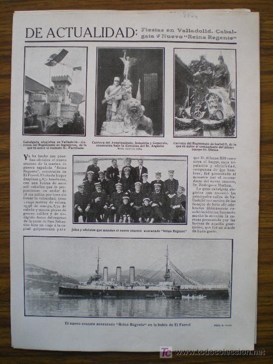 Coleccionismo de revistas y peri&oacute;dicos: RECORTE DE PRENSA 1910 - VALLADOLID - BUQUE REINA REGENTE EN BAHIA DEL FERROL - MEETING EN MADRID