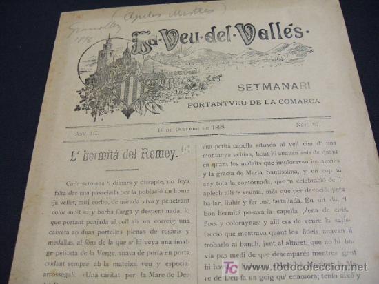 Sammeln von Zeitschriften und Zeitungen: LA VEU DEL VALLES - SETMANARI PORTANTVEU DE LA COMARCA - 16 DE OCTUBRE DE 1.898 - ANY III -