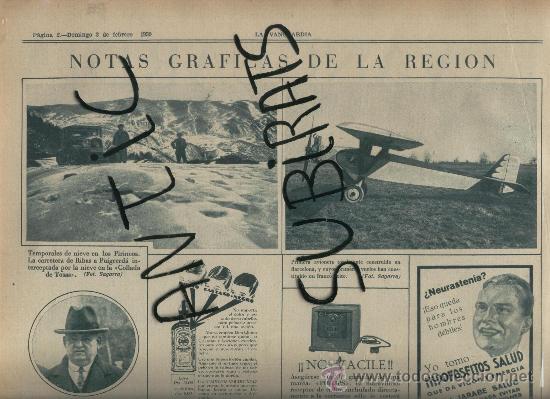Coleccionismo de Revistas y Peri&oacute;dicos: LA VANGUARDIA. 02-02-1930.CARRETERA DE RIBAS A PUIGCERDA. COLLADA DE TOSAS.AVIACION.PRIMERA AVIONETA