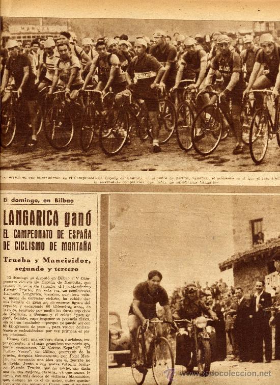 Coleccionismo de revistas y peri&oacute;dicos: CICLISMO 1945 LANGARICA VENCEDOR MONTA&Ntilde;A 2 HOJAS REVISTA