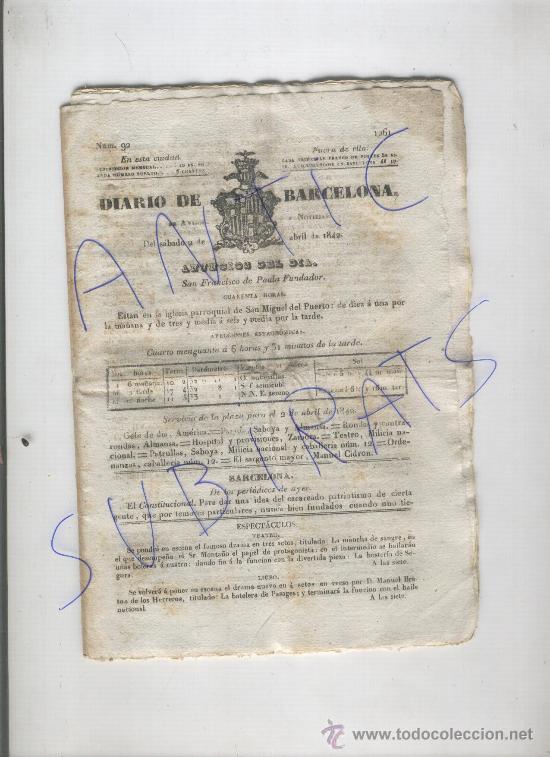 Collection Magazines and Newspapers: DIARIO DE BARCELONA.02-04-1842.MOLINOS HARINEROS DE HOSPITALET.PRECIOS.AGUARDIENTES.REUS.PRIORAT..