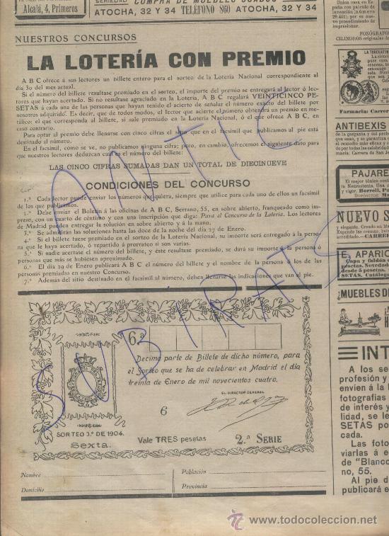Coleccionismo de revistas y peri&oacute;dicos: RECORTE DE PRENSA . A&Ntilde;O 1904. LA LOTERIA DEL PERIODICO ABC. BOLETO. PAPELETA.
