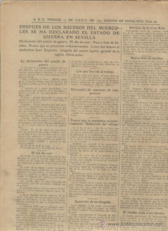 Coleccionismo de revistas y peri&oacute;dicos: RECORTE DE PRENSA.ABC.17-04-1931. EXILIO DE LA FAMILIA REAL.ESTADO DE GUERRA EN SEVILLA.REPUBLICA.