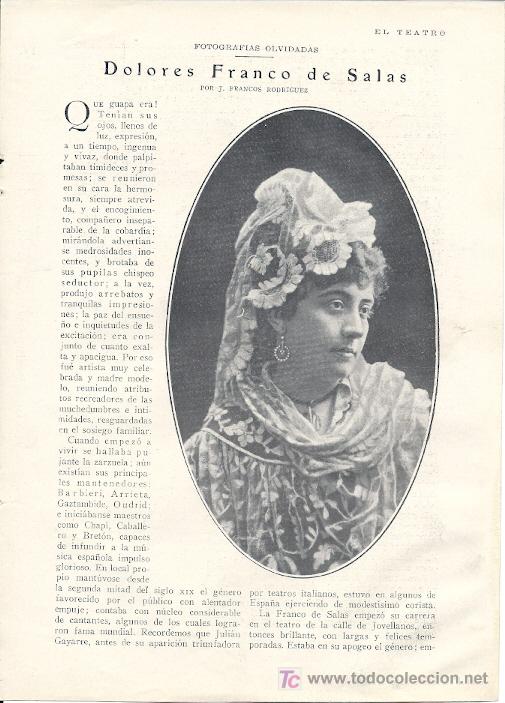 Coleccionismo de Revistas y Peri&oacute;dicos: * ZARZUELA * [La tiple ] Dolores Franco de Salas / por J. Francos Rodr&iacute;guez - 1927