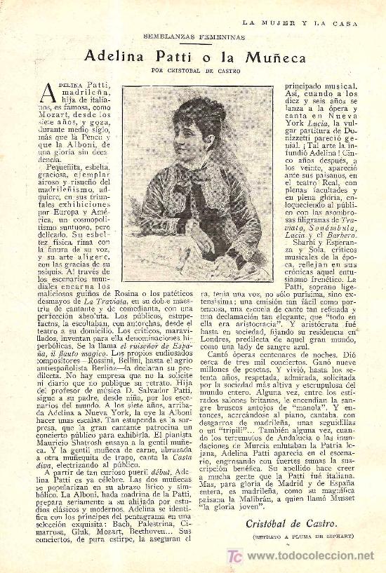 Collection Magazines and Newspapers: * &Oacute;PERA * Adelina Patti o la mu&ntilde;eca / por Crist&oacute;bal de Castro - 1927