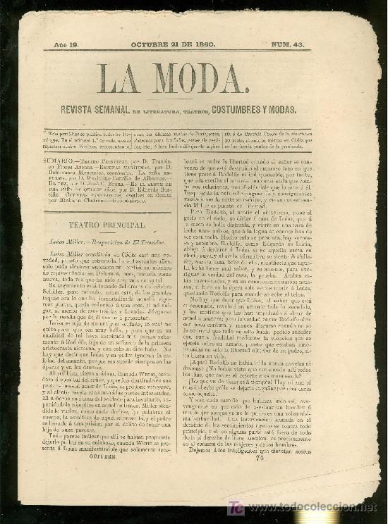 Collezionismo di Riviste e Giornali: CADIZ. LA MODA. REVISTA SEMANAL DE LITERATURA, TEATROS COSTUMBRE Y MODAS. N&ordm; 43. 1860.