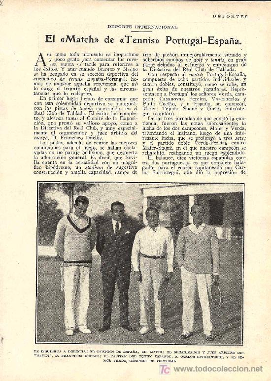 Coleccionismo de Revistas y Peri&oacute;dicos: * TENIS * Match Portugal- Espa&ntilde;a [Maier, Verda, Satr&uacute;stegui, Tejada&hellip;]- 1929