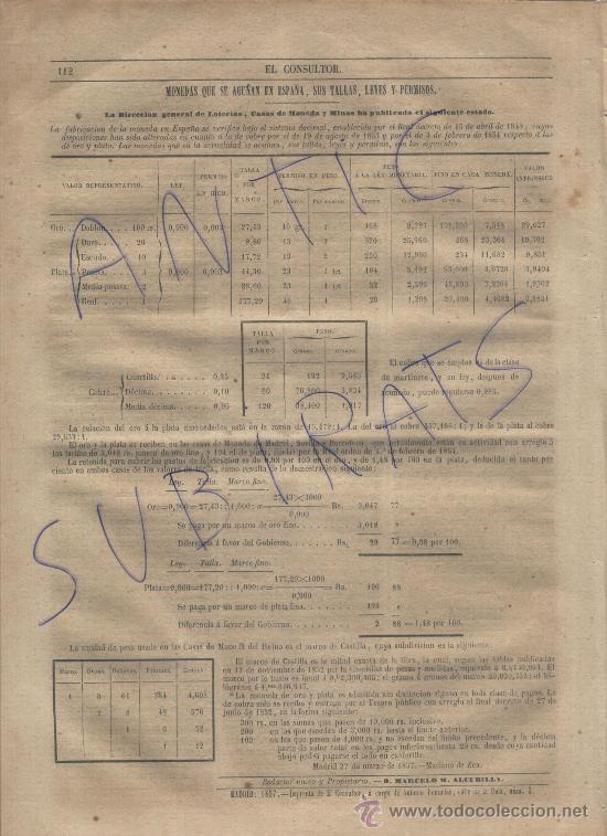 Collection Magazines and Newspapers: PERIODICO .EL CONSULTOR.A&Ntilde;O 1857.MONEDAS QUE SE ACU&Ntilde;AN EN ESPA&Ntilde;A. TALLAS.LEYES.NUMISMATICA. PESO.