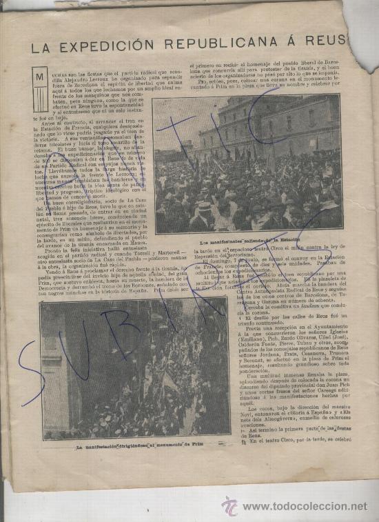 Coleccionismo de revistas y peri&oacute;dicos: RECORTE DE PRENSA.A&Ntilde;O 1908. REPUBLICANOS EN REUS.CORONA AL GENERAL PRIM. ELS NETS DELS ALMOGAVERS.