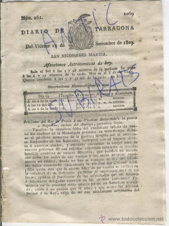 Coleccionismo de Revistas y Peri&oacute;dicos: DIARIO TARRAGONA GUERRA DE INDEPENDENCIA 15-09-1809 DECLARACION DE GUERRA REY DE PRUSIA A NAPOLEON