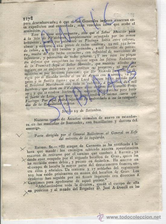 Coleccionismo de Revistas y Peri&oacute;dicos: DIARIO 1809 GUERRA DE INDEPENDENCIA CARMONA GRAO O'DONNELL UCIEDA CASTROPOL COVADONGA TORRELAVEGA