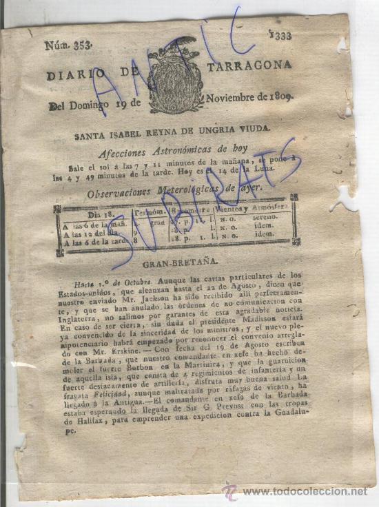 Coleccionismo de Revistas y Peri&oacute;dicos: DIARIO.TARRAGONA.19-11-1809.GUERRA DE INDEPENDENCIA.GRAN BRETA&Ntilde;A.CUARTEL EN ALMAGRO.CIUDAD REAL.JAEN