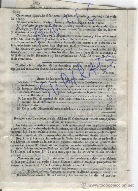 Coleccionismo de Revistas y Peri&oacute;dicos: DIARIO.BARCELONA.21-11-1835.CARLISMO.PRIMERA GUERRA CARLISTA.ESCUADRON DE CAZADORES DE MONTA&Ntilde;A.CATAL