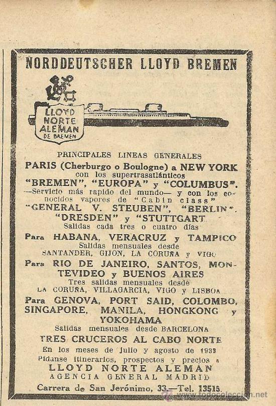 Collectionnisme de Revues et Journaux: Publicidad l&iacute;neas de navegaci&oacute;n Norddeutscher Lloyd Bremen - 1933