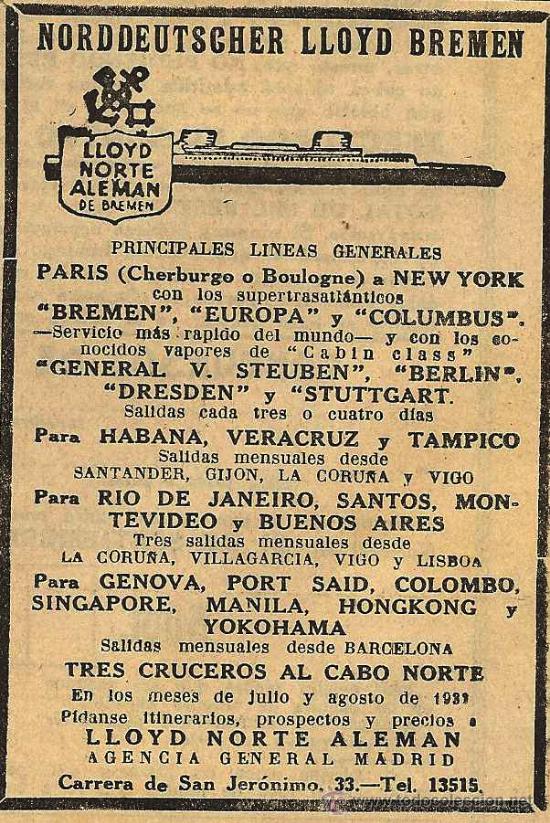 Collectionnisme de Revues et Journaux: Publicidad l&iacute;neas de navegaci&oacute;n Norddeutscher Lloyd Bremen NLB - 1933