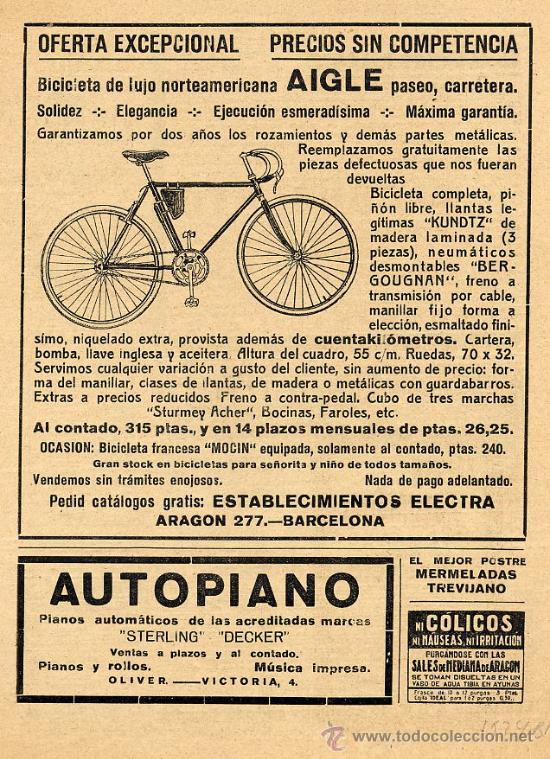Coleccionismo de revistas y peri&oacute;dicos: CICLISMO 1924 BICICLETA  AIGLE  HOJA REVISTA