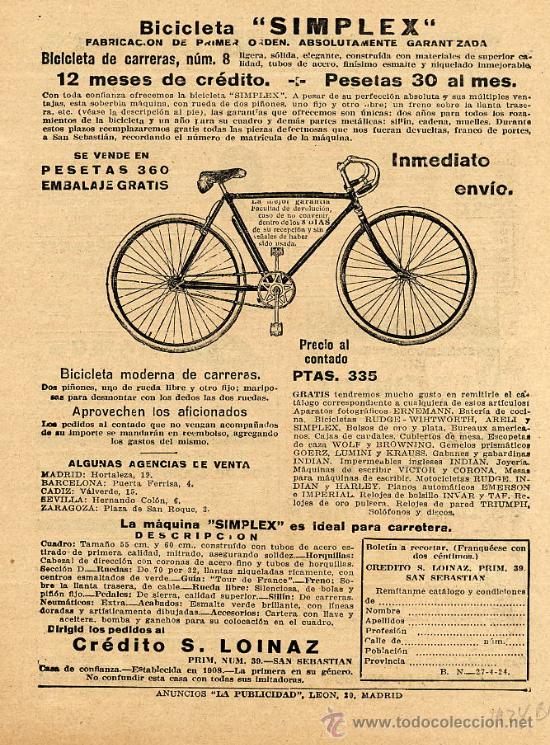 Coleccionismo de revistas y peri&oacute;dicos: CICLISMO 1924 BICICLETA SIMPLEX  HOJA REVISTA