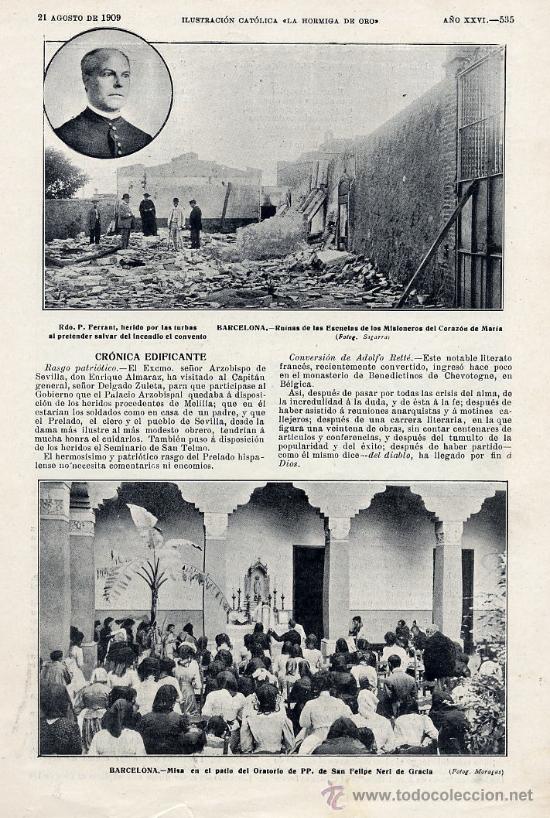 Coleccionismo de Revistas y Peri&oacute;dicos: SEMANA TRAGICA 1909 BARCELONA  IGLESIA ESCOLAPIOS  HOJA REVISTA