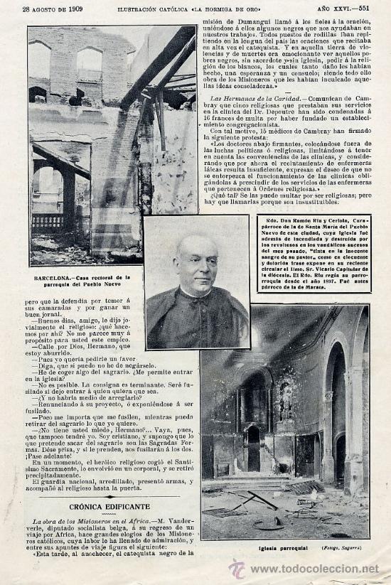 Coleccionismo de Revistas y Peri&oacute;dicos: SEMANA TRAGICA 1909 BARCELONA  IGLESIA PUEBLO NUEVO HOJA REVISTA