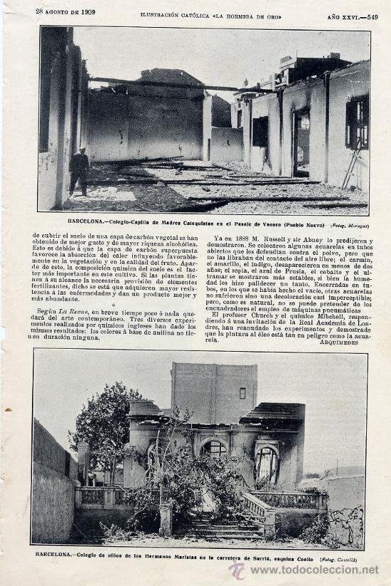 Coleccionismo de Revistas y Peri&oacute;dicos: SEMANA TRAGICA 1909 BARCELONA  IGLESIA PUEBLO NUEVO - MARISTAS SARRIA  HOJA REVISTA
