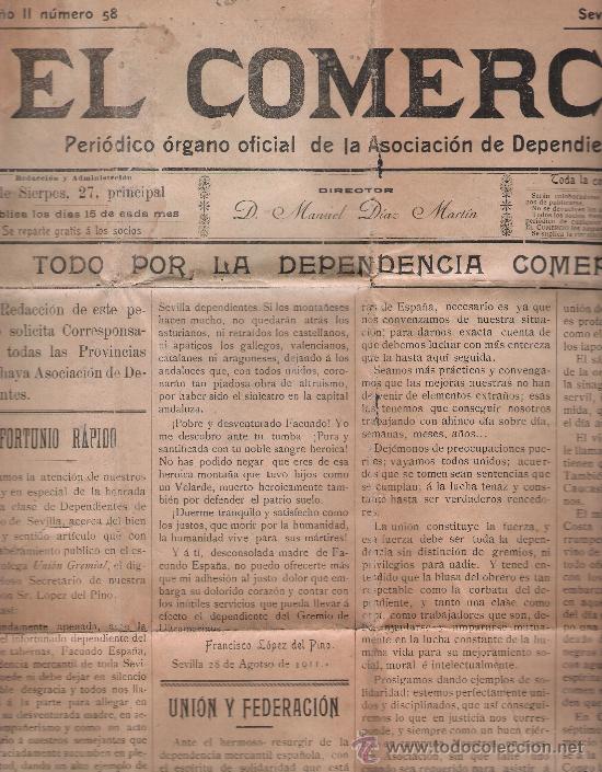 Coleccionismo de revistas y peri&oacute;dicos: El Comercio n&ordm; 58 .Peri&oacute;dico oficial de la Asociaci&oacute;n de Dependientes. Sevilla 1911.